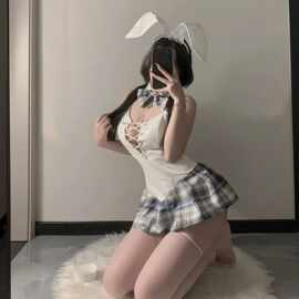 欧诗琳情趣内衣冰淇淋格子皮兔可爱外穿爆款法式镂空JK学院风