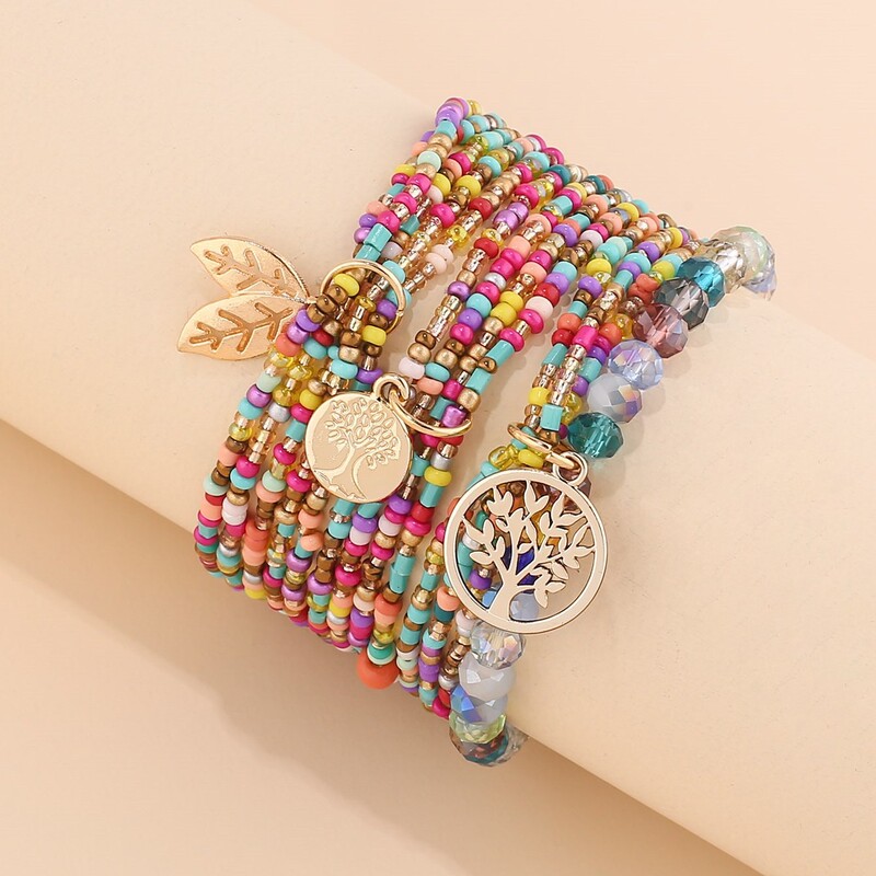 Cross-border Hot Sale Bohemia 3 Leaves Marine Life Pendant Colorful Rice Beads Multi-layer Stacked Bracelet Bracelet