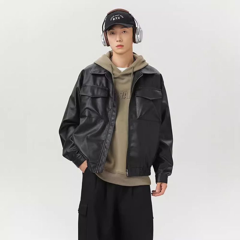 Spring and Autumn New PU Washed Leather Jacket Men's Loose Casual High Street Trendy Brand Functional Workwear Leather Jacket for Men and Women