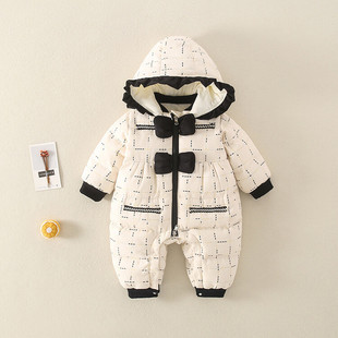 Winter baby romper female baby princess style bow white duck down jacket jumpsuit thickened warm romper
