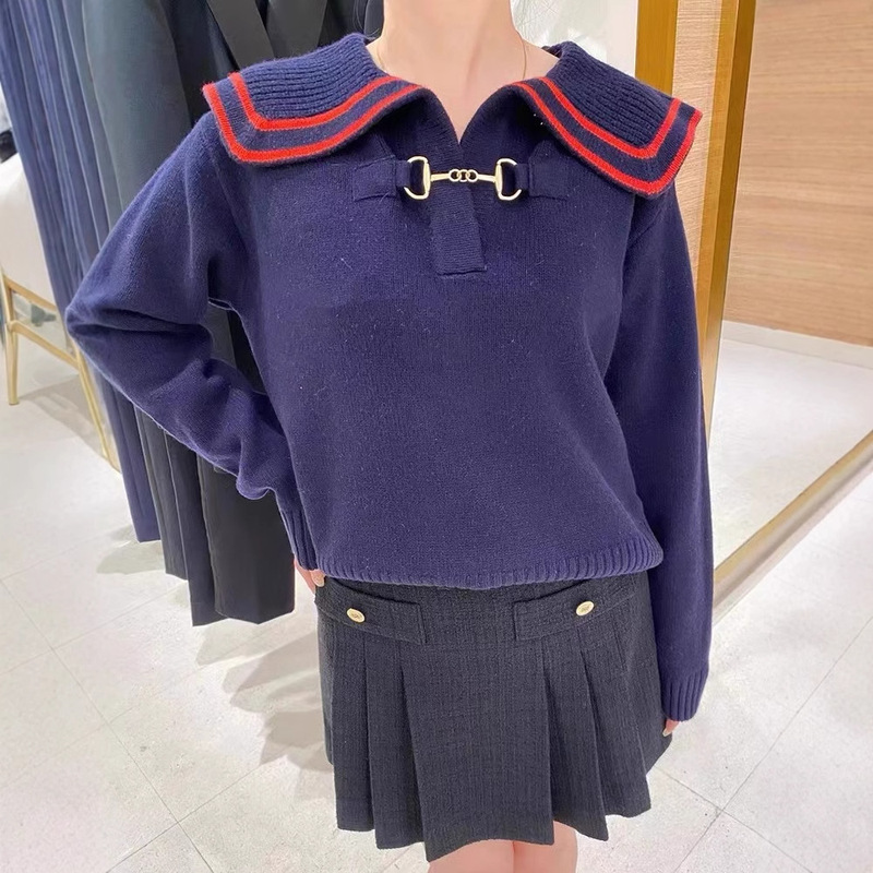 French single S home 2022 autumn and winter New preppy style navy collar short long sleeve metal chain knitted top for women French single S home 2022 autumn and winter New preppy style navy collar short long sleeve metal chain knitted top for women