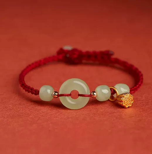 Minsheng imitation Hetian Jade safe buckle Lotus pendant red rope hand rope transfer beads women's hand-woven jewelry