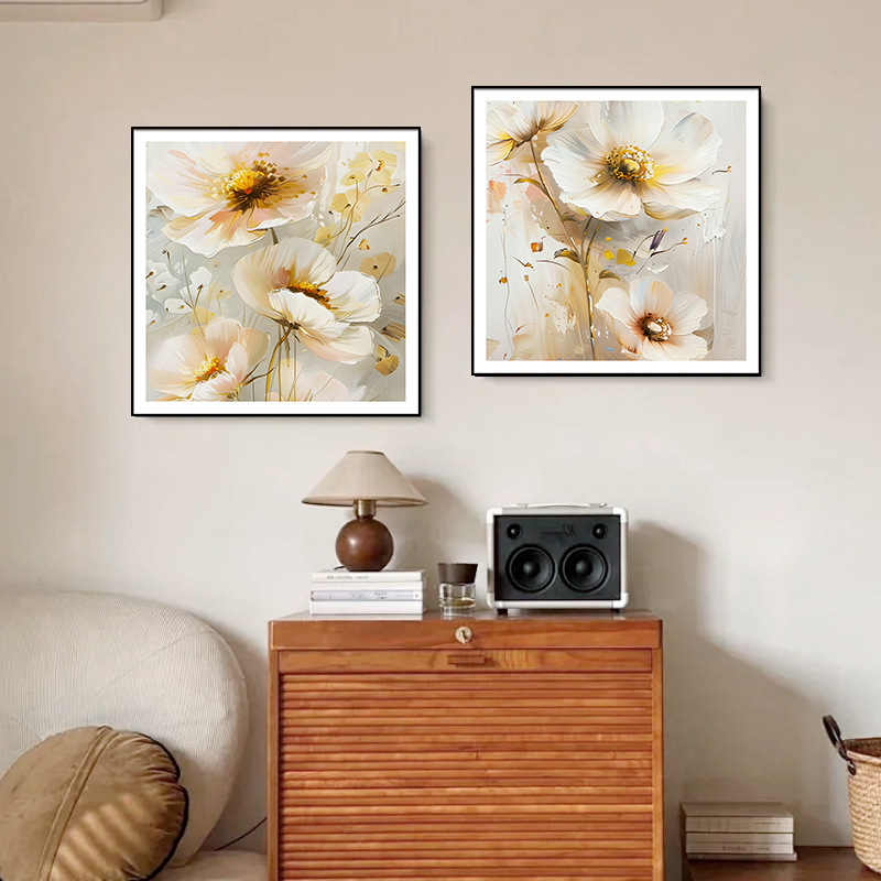 Pintura al óleo simple estilo flor cuadrado dos piezas pintura decorativa hermosa sala de estar comedor pintura colgante dormitorio pasillo mural