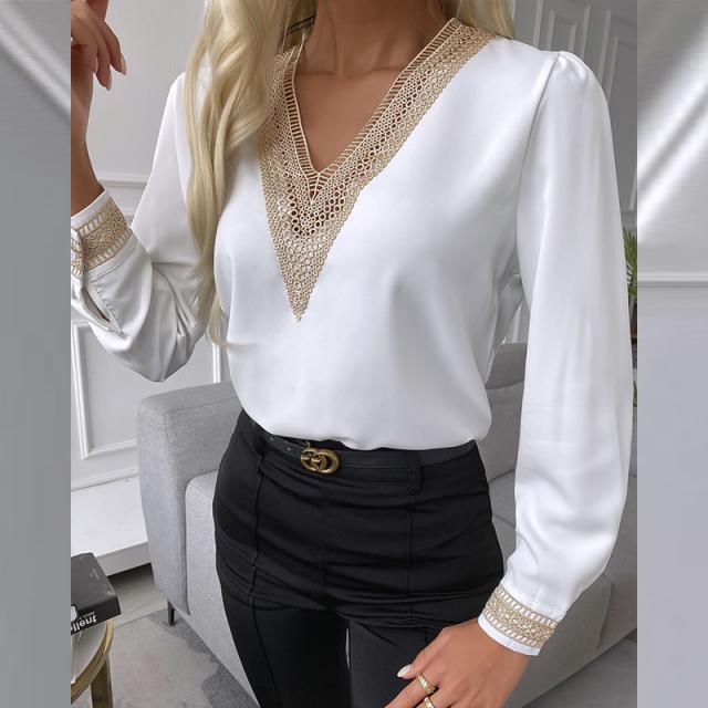 Lace Stitching V-Neck Long-Sleeved Shirt NSYF68827