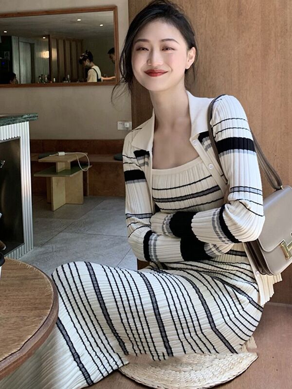 Striped knitted cardigan with suspenders skirt two-piece salt socialite slimming temperament small fragrant style autumn 2022 New
