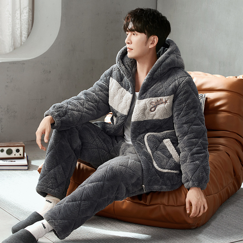 겨울 잠옷 남자의 두꺼운 기모 3 층 면 따뜻한 산호 양털 가을과 겨울 남자 플러스 사이즈 홈 세트