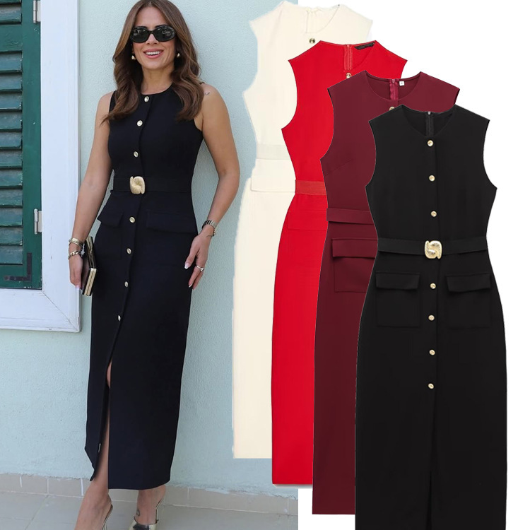 Cross-Border Women's American Round Neck Spring New European and American Style Sexy Sleeveless Midi Dress with Belt