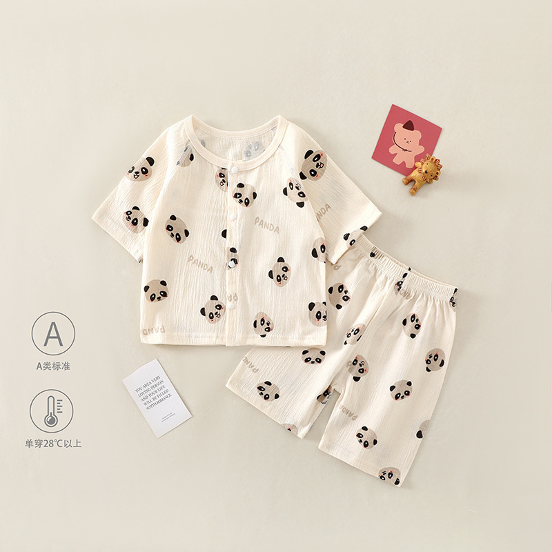 Men's and Women's Short-Sleeved Shorts, Summer Air-Conditioned Clothes, Summer Baby Wrinkled Cotton Split Suits, Ultra-Thin Breathable Home Clothes