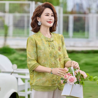 中年妈妈夏装国风小衫短袖上衣2026新款中老年女装洋气新中式女装