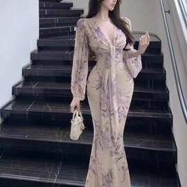 【原版两件套】气质V领蕾丝边包臀鱼尾吊带长裙+灯笼袖绑带短款开