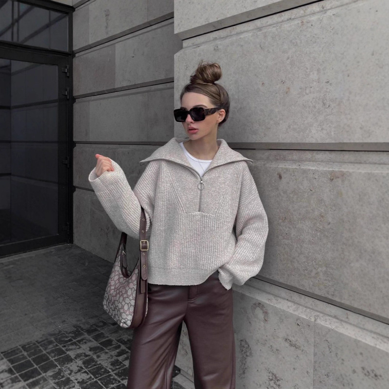 Russia's New Cross-Border Half-Zip Sweater Women's European and American Spring Knitted Casual Jacket Top Coat for Women Russia's New Cross-Border Half-Zip Sweater Women's European and American Spring Knitted Casual Jacket Top Coat for Women