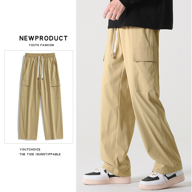 Pantalones rectos pantalones de pierna ancha para hombres primavera y otoño color sólido ropa de trabajo multibolsillos pantalones sueltos casuales de manga larga sensación de drapeado de moda