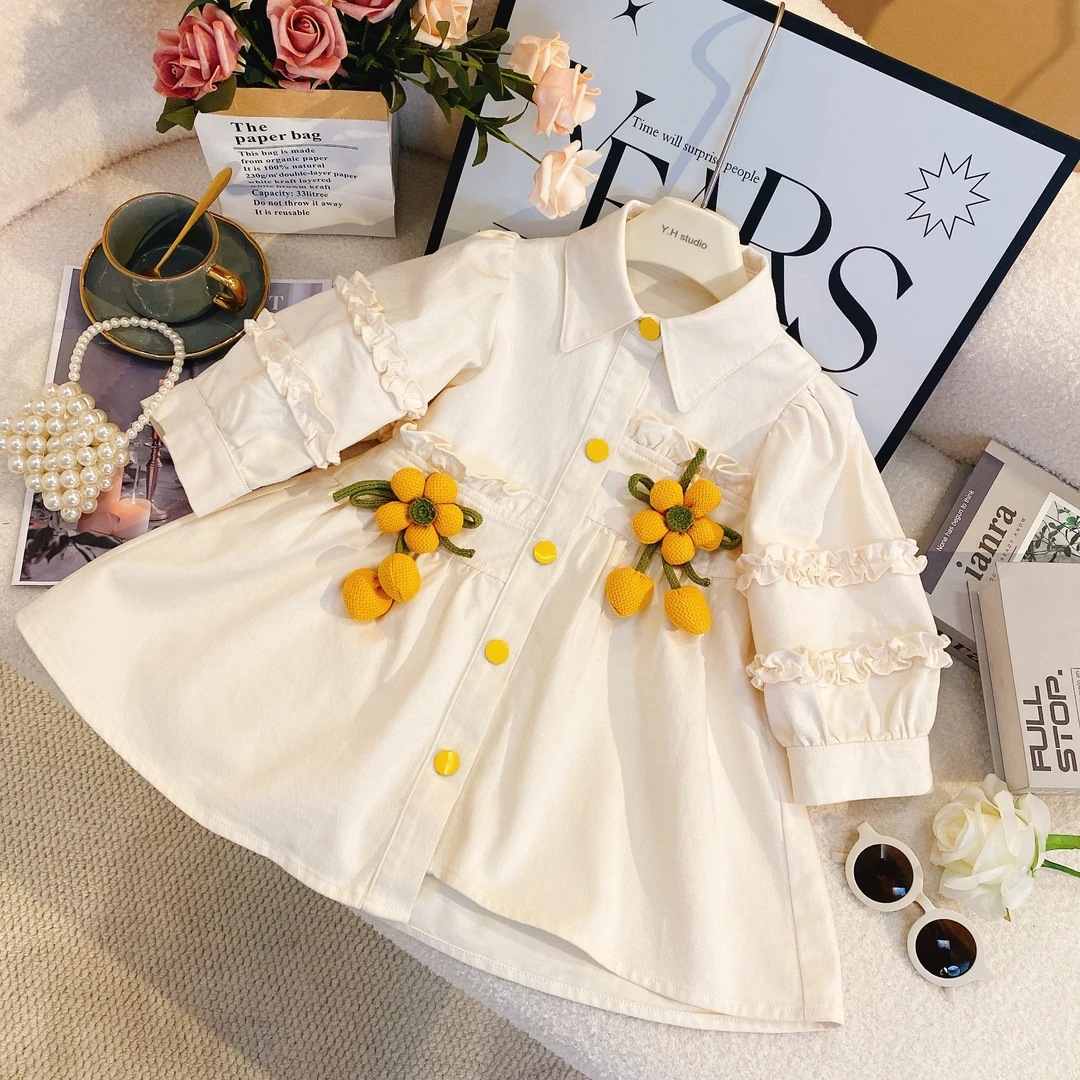 Vestido camisero de flores para niñas, ropa de primavera y otoño 2025, vestido de solapa de manga abullonada coreana para niños, vestido de princesa