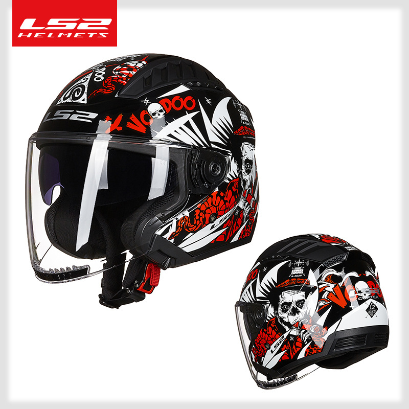 LS2 casco de la motocicleta de los hombres y las mujeres de doble lente medio casco de la motocicleta de la vendimia Cuatro Estaciones de invierno de personalidad OF600