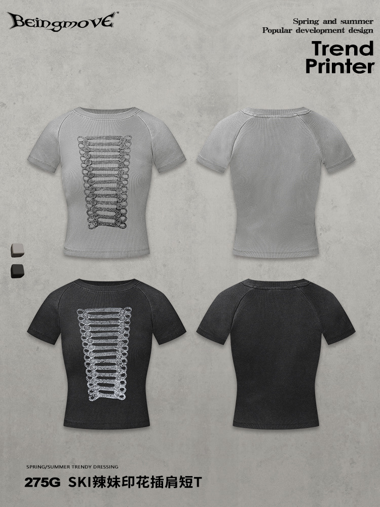 Calle secada| 2026 transfronterizo retro lavado hacer vieja camisa caliente impresión de hombro corta camiseta delgada manga corta