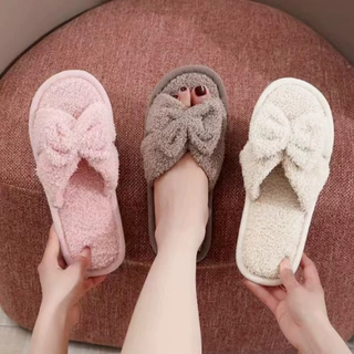 跨境开口女士秋冬室内外厚底保暖毛绒月子鞋一字开口棉拖鞋女泡沫
