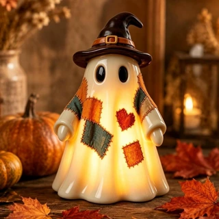 跨境新品Patchwork Ghost Halloween Decor拼布树脂幽灵摆件装饰