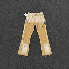 ギャラリーデプト.クロ レザー加工フレアパンツ ウォッシュ加工ステッチデニムパンツ