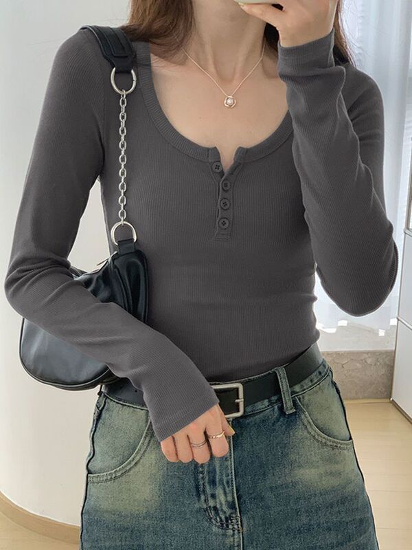 Autumn and Winter 2024 New U-collar Shoulder Long-sleeved T-shirt Women's Slim-fit Slimming Short Inner Base Shirt White Top