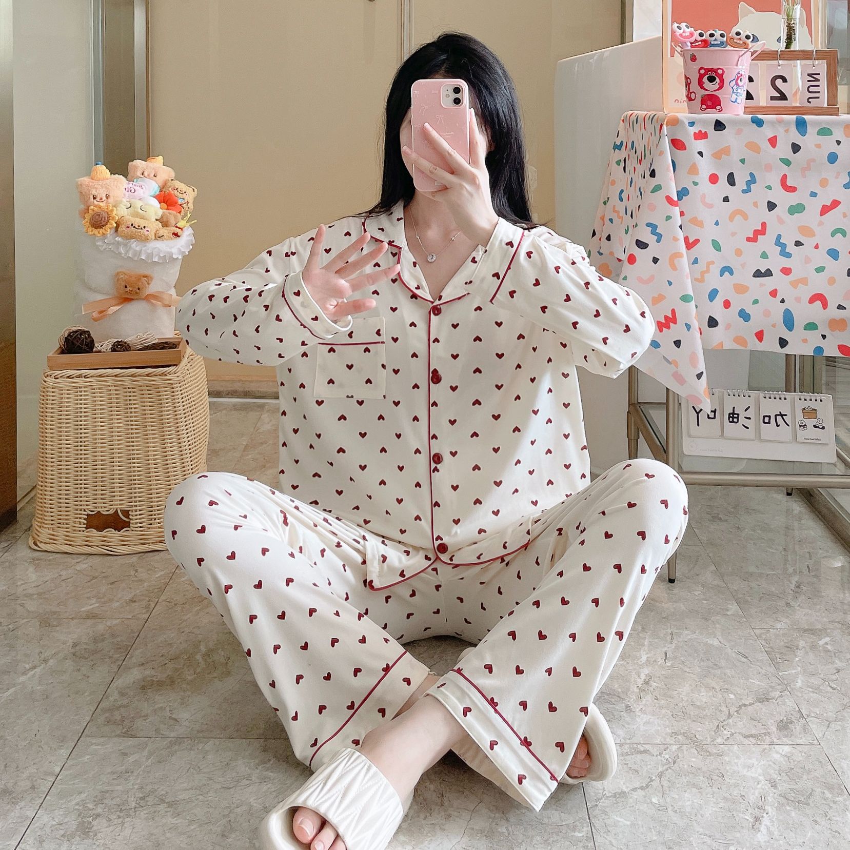 Algodón al por mayor transfronterizo otoño y invierno 180 gramos con solapa pajamas caseros cardigans pantalones de manga larga lindos sueltos