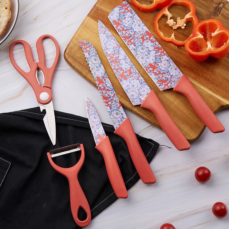 Cuchillos de acero inoxidable spot de venta transfronteriza seis piezas de cuchillos de cocina cuchillo de impresión de jazmín conjunto