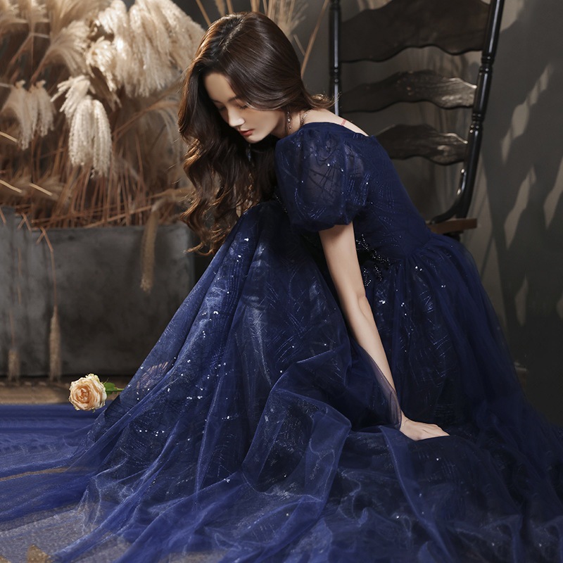 Azul banquete vestido de noche para las mujeres 2024 nueva primavera temperamento anfitrión vocal Música arte examen vestido Reunión Anual vestido