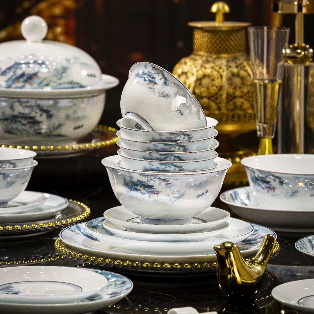 Белая высокая порцелана здоровый набор посуды Jingdezhen краска-рисунок инь-ландшафт Jiangnan водный город миска набор блюд чайник подарок на новоселье