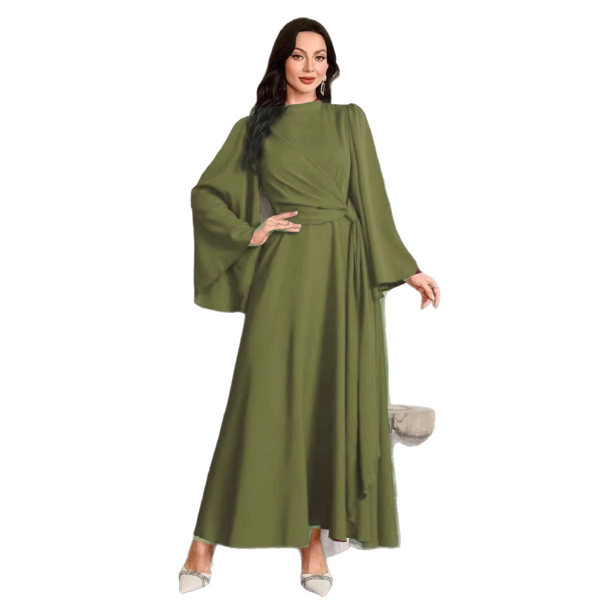 Women's Solid Color Long Sleeved Casual Maxi Dress Slim Fit Stand Collar Back Zipper New European American Style_ecoleips.com