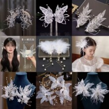 2024新款新娘头饰手工珍珠流苏蝴蝶发夹韩式婚礼婚纱造型发饰配饰