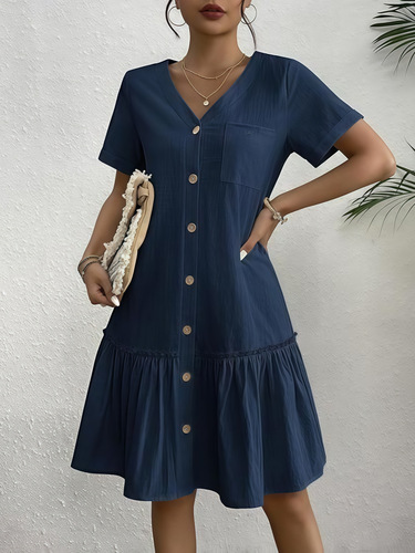 2025 Summer Foreign Trade Single-breasted Women’s Dress, Loose-Fitting Dress with Pockets, Ruffled Hem, Casual Short Sleeves