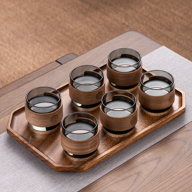 Glass Tea Cup with Walnut Wood Anti-Scalding Handle, Single Cup Master Cup, Japanese-Style Kung Fu Tea Set, Household Tea Drinking Cup, Water Cup