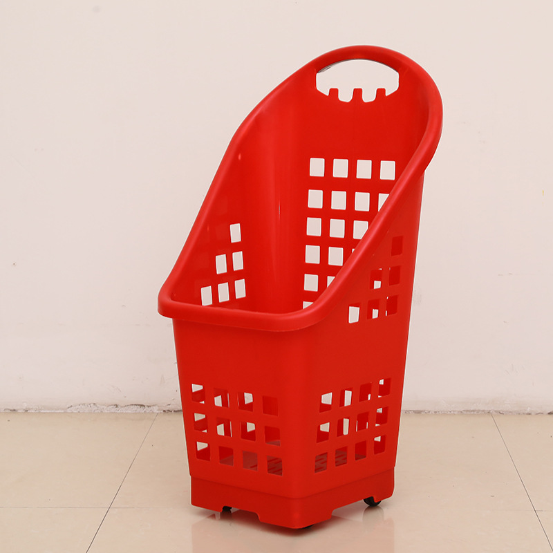 高背四轮拉杆篮60L超市拉杆购物篮红色PP塑料篮子带轮子