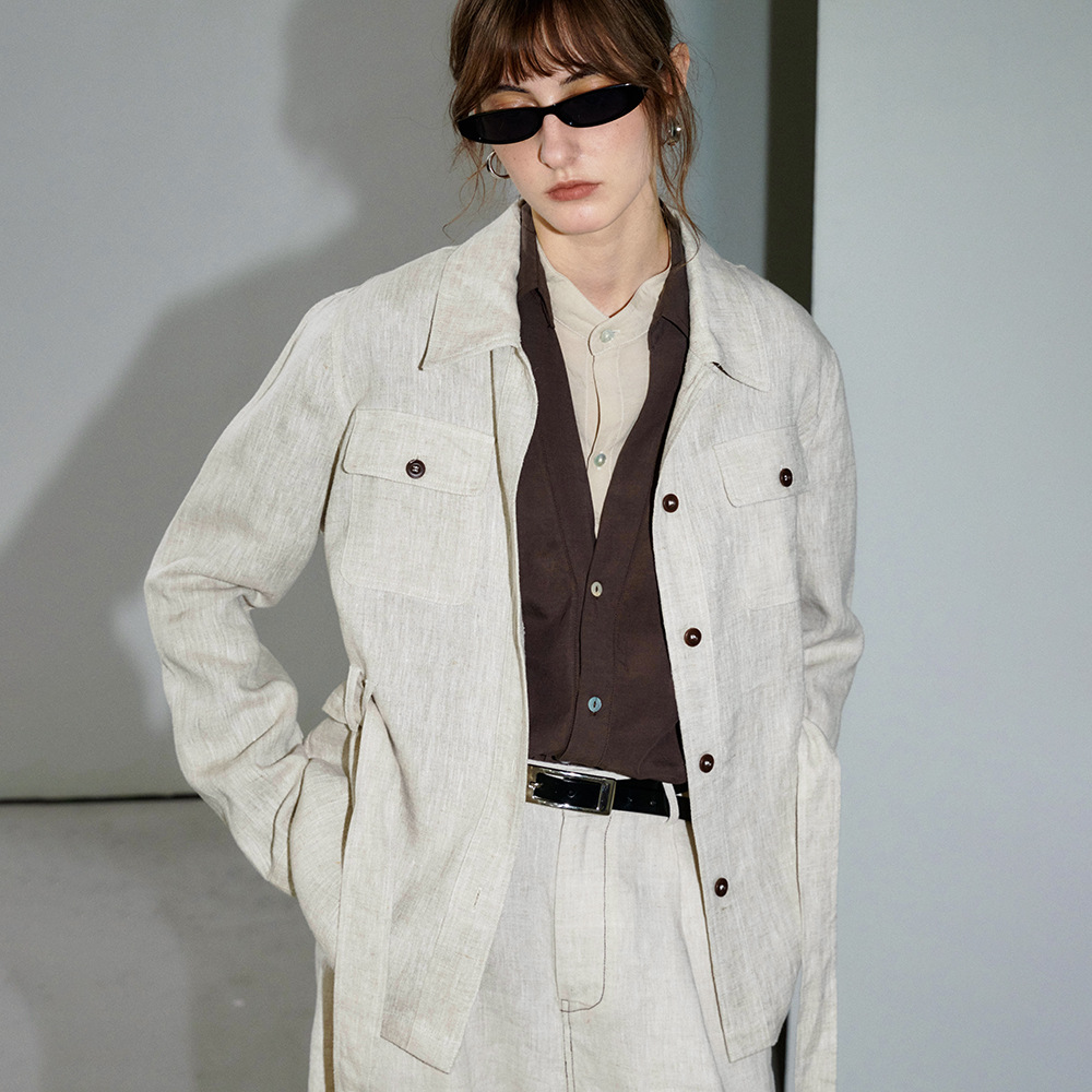Old Money Style Pure Linen Workwear Jacket for Women, Autumn, Thick Collared Shirt, Slim Waist, High-End Commuter Linen Cardigan