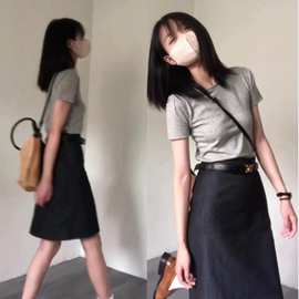 梨形身材深色牛仔半身裙女春新款大码胖mm高腰小个子遮胯a字短裙