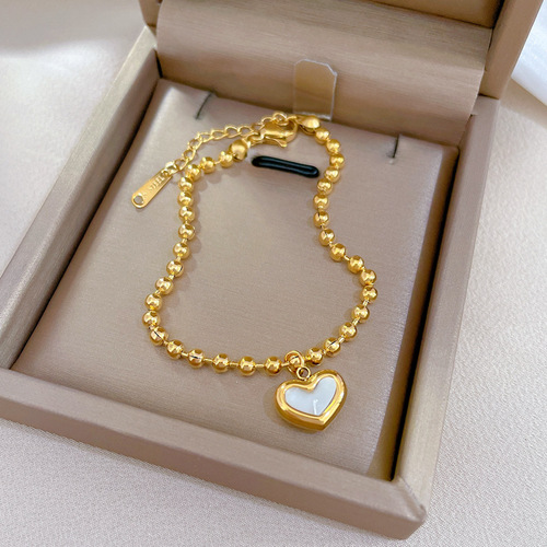[Full body titanium steel] Dongdaemun personality temperament forest style love mother-of-pearl round bead bracelet female Internet celebrity retro best friend