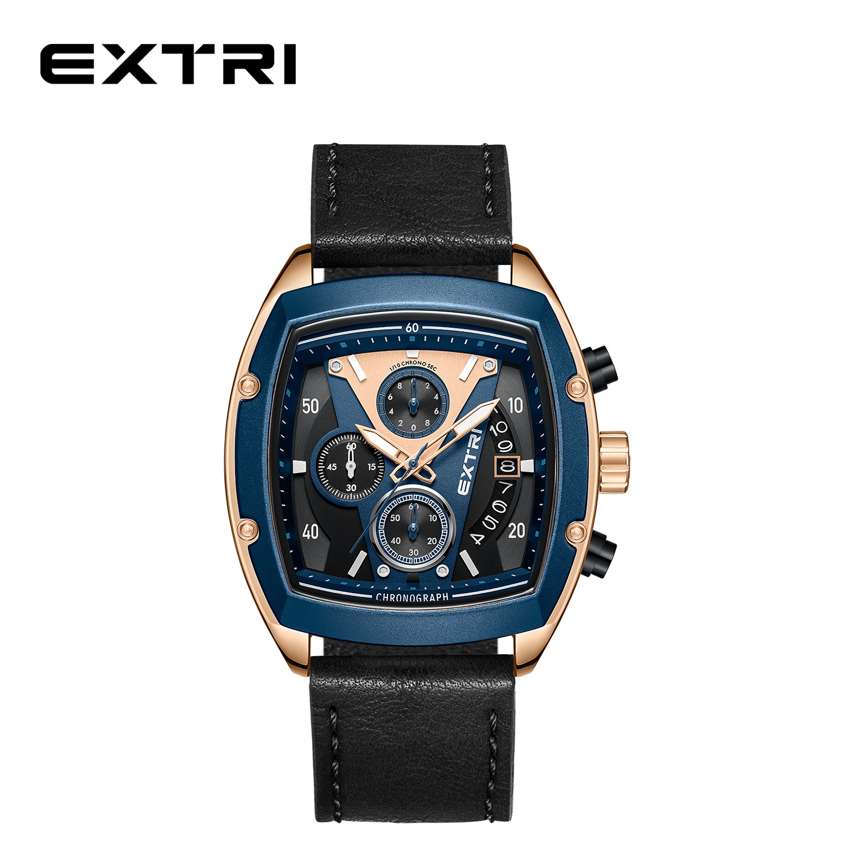 Extri Genuine Leather Strap Square Case Unique Multi-Layered High-End Men's Quartz Chronograph Watch Blue