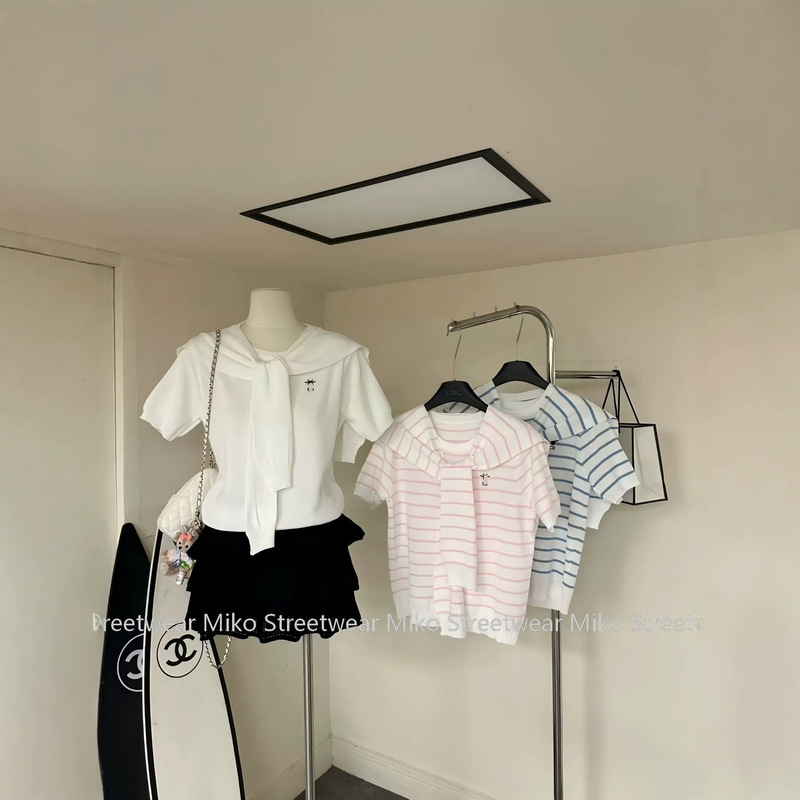 2026 Summer D Brand New College Style Knit Sweater with Navy Collar, Striped Youthful Shawl Two-Piece Set, Short-Sleeve Women's 2026 Summer D Brand New College Style Knit Sweater with Navy Collar, Striped Youthful Shawl Two-Piece Set, Short-Sleeve Women's