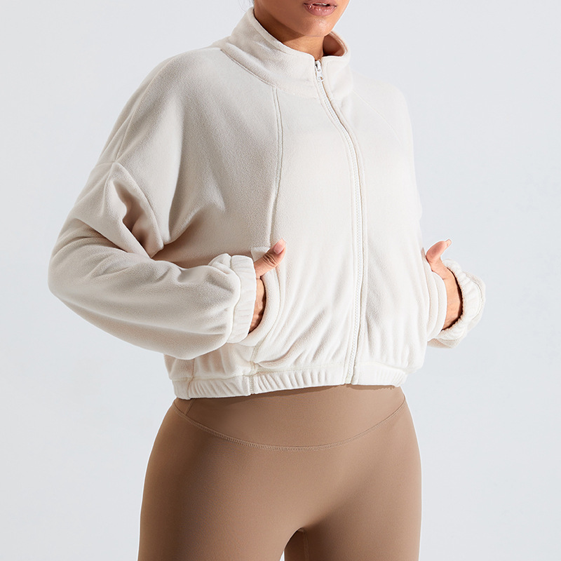 Liquidación, sin devoluciones ni cambios, chaqueta deportiva de lana austriaca resistente al viento para mujer, cuello alto, corte holgado, forrada de lana, chaqueta cálida para yoga y fitness.