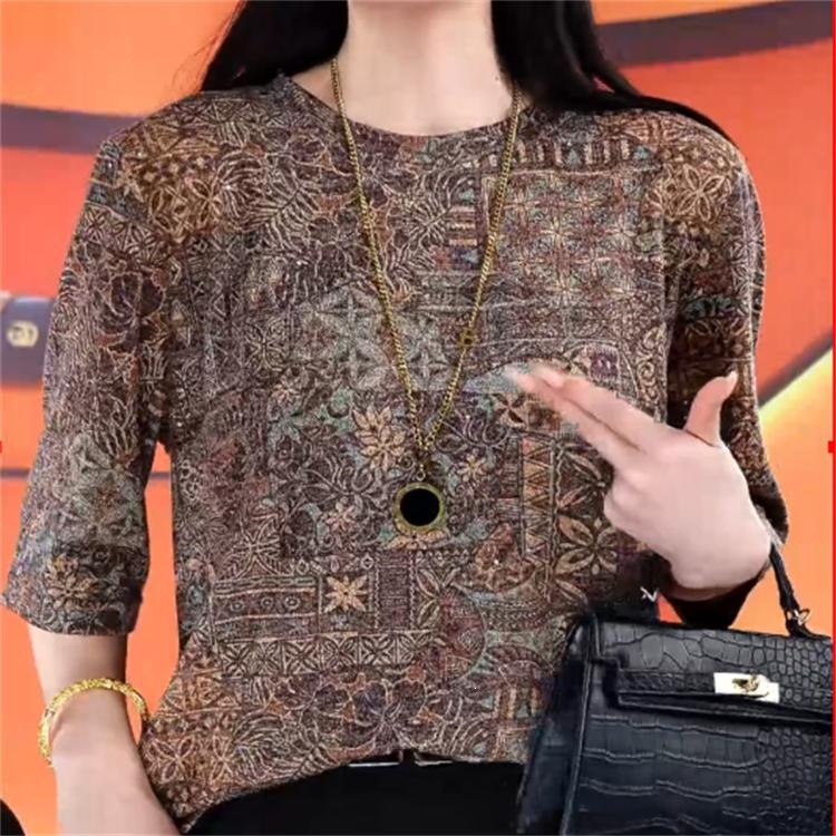 夏季新款女士圆领显瘦百搭减龄打底衫女款复古上衣印花妈妈装T恤