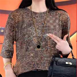 夏季新款女士圆领显瘦百搭减龄打底衫女款复古上衣印花妈妈装T恤