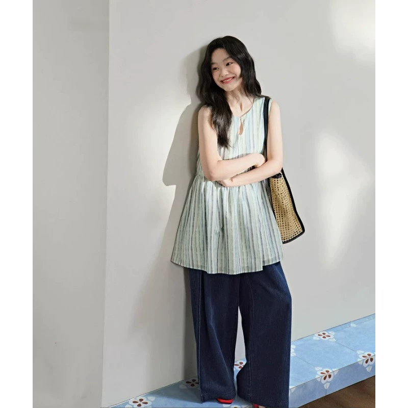 Широкий топ с градиентным принтом в полоску допамина для женщин. Летний дизайн 2025 года. Майка без рукавов в стиле отпуска.