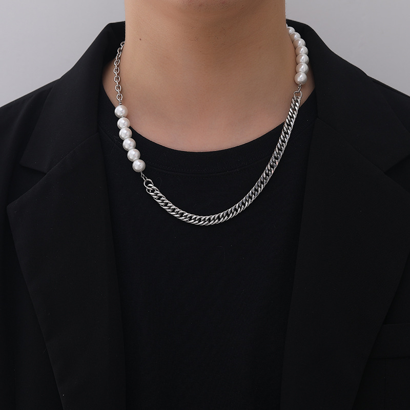 Personalisierte Titanstahl Cubankette Mit Perlenhalskette_voghion.com