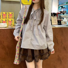 韩系蝴蝶结绑带小格子衬衫女秋冬季新款翻领开衫外穿纽扣长袖上衣