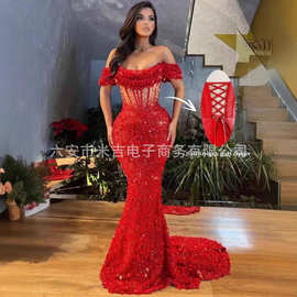 跨境欧美时尚新款一字肩红色高腰显瘦修身敬酒宴会聚会亮片晚礼服