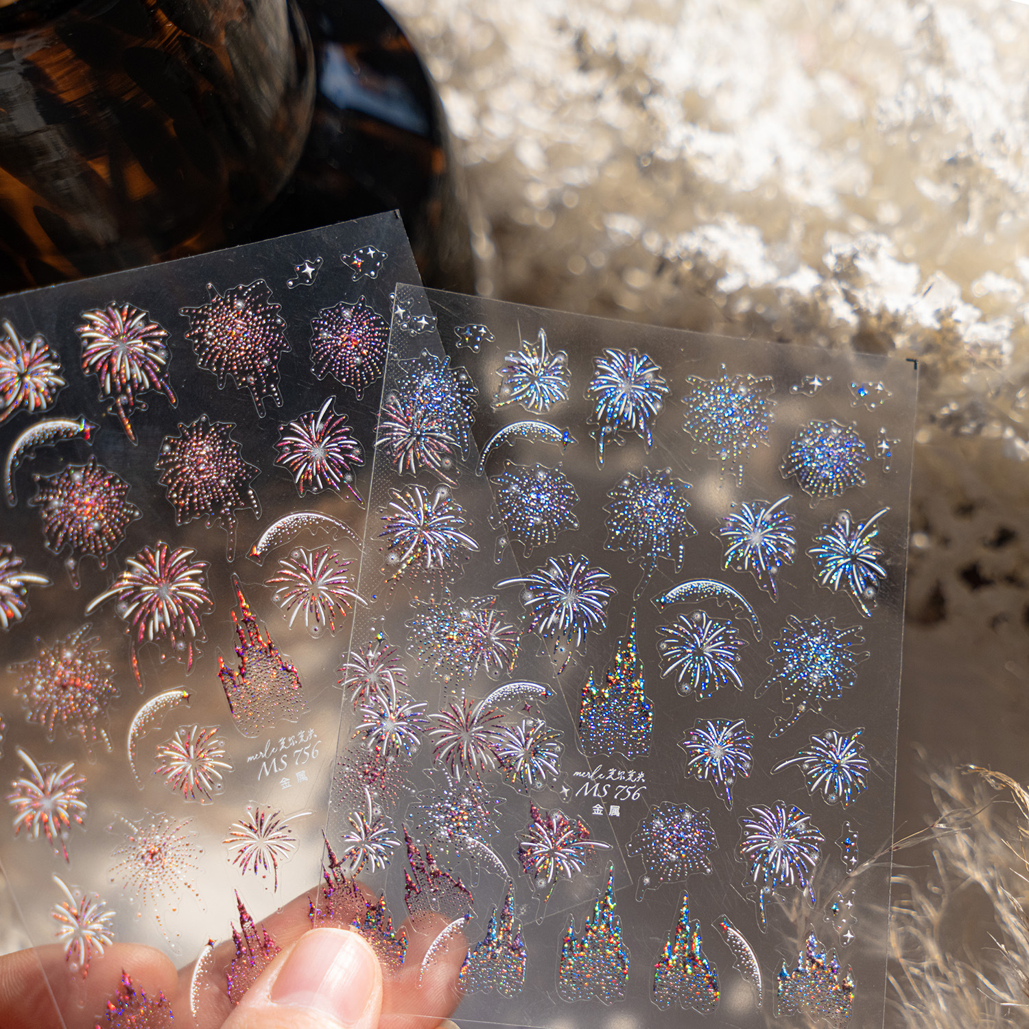 Año Nuevo espléndido fuegos artificiales en relieve pegamento de espalda decoración de uñas Fuegos artificiales de Año Nuevo castillo conchas de luz pegatinas de uñas