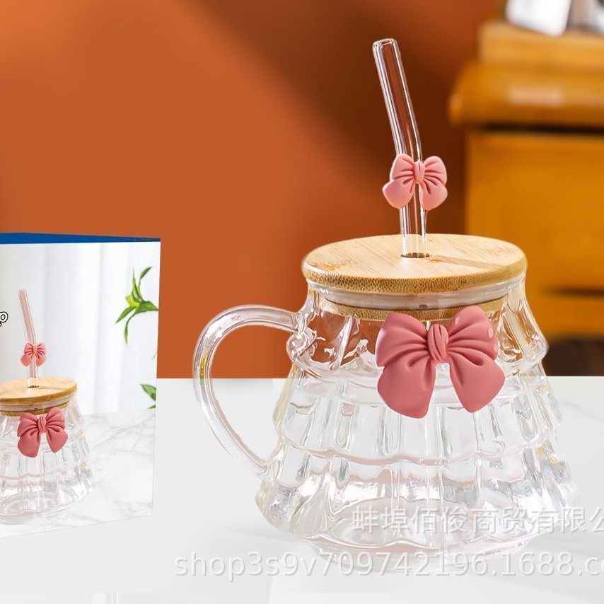 Taza de café de alto valor facial de vidrio transparente con mango de vidrio de alto silicio, taza de paja de hielo de bebidas americanas gordo