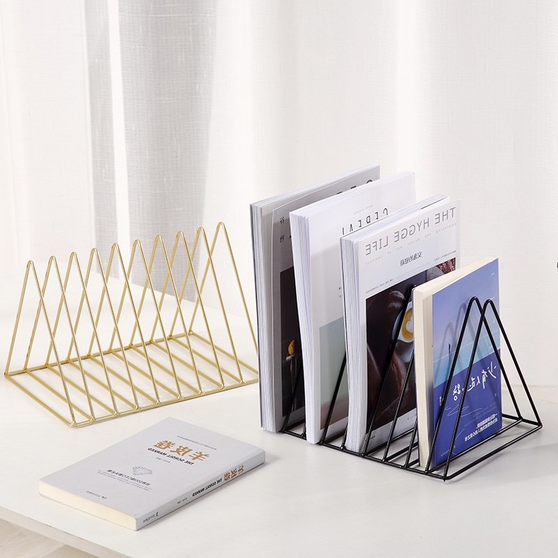 Scandinavian Ins Triangle Bookshelf Iron Small Bookshelf Desktop Decoration Storage Rack Storage Rack Simple Book and Newspaper Rack Book