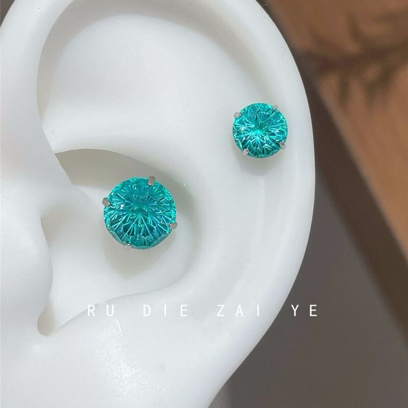 Paraiba Blue ~ 6mm Sparkling Fireworks Cut Cochlear Nail Titanium Steel Flats Bottom 8mm Ear Bone Nail Earrings
