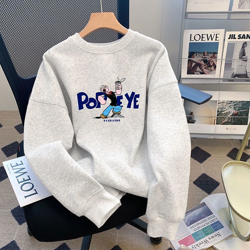 Gray Trendy Brand Crew Neck Sweatshirt for Women, Autumn and Winter 2026 New European Style Plus Size Top, Winter Fleece-Lined and Thickened