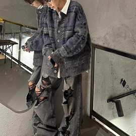 美式覆古情侣开衫毛衣男秋冬款加厚撞色马海毛针织衫外套潮牌